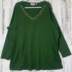 Quacker Factory Green‎ V-Neck Shirt Women’s 2X Rhinestone Eyelet Plus Size Top